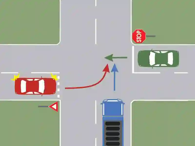 Care dintre autovehicule va trece al doilea prin intersecția prezentată?