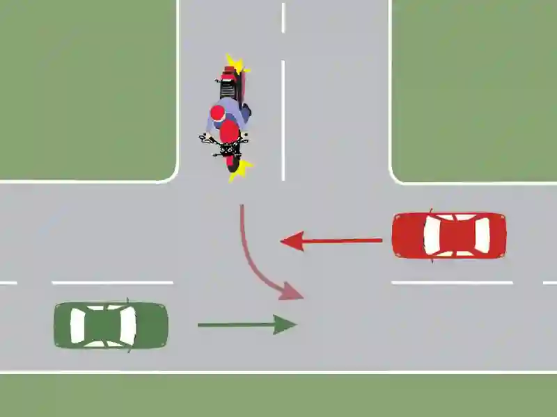 Care dintre cele trei autovehicule va trece ultimul prin intersecția din imagine?